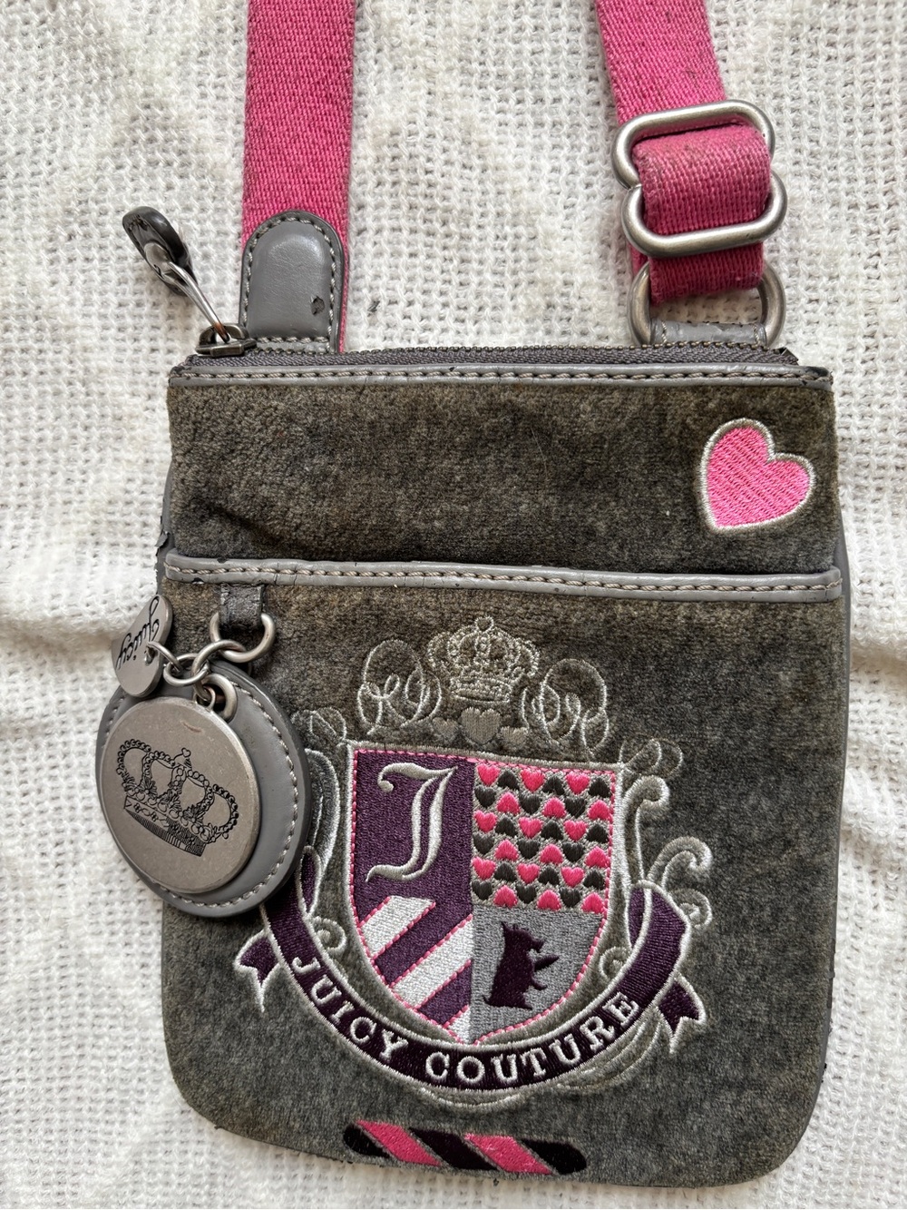 Vintage Royal Juicy Couture Gray Crossbody purse with Pink Strap
